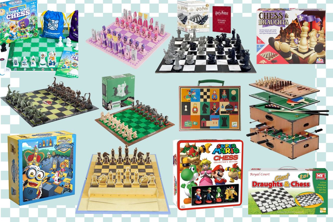 Collage showing the best chess sets for kids