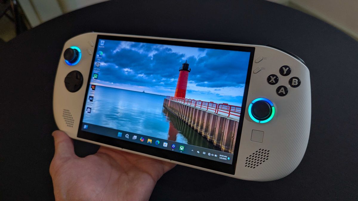 A Lenovo Legion Go S with Windows held in the hand.