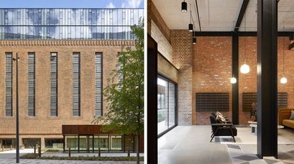 The outside of Battersea Power Station in brick and the inside lobby with brick walls and steel poles