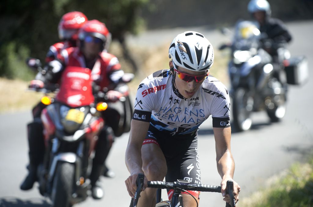 Neilson Powless (Axeon Hagens Berman) attacking on the climb