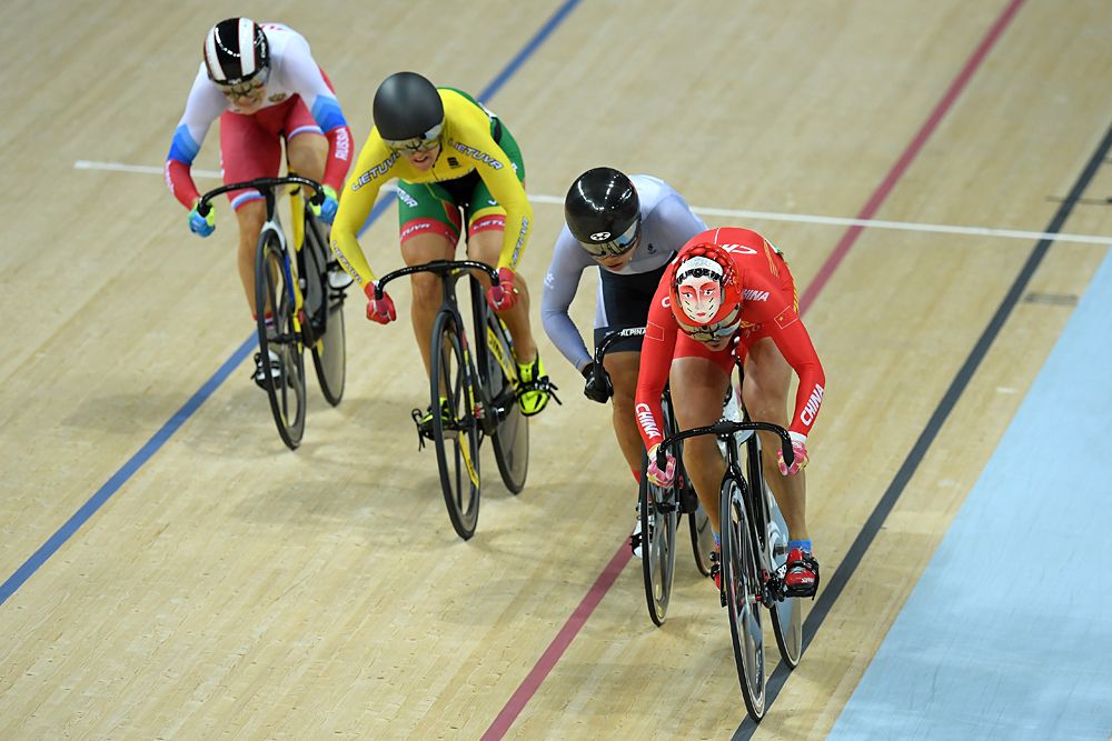 Tianshi Zhong of China leads Wai Sze Lee of Hong Kong, China, Simona Krupeckaite of Lithuania and Anastasiia Voinova of Russia during a Women's Sprint Quarterfinal