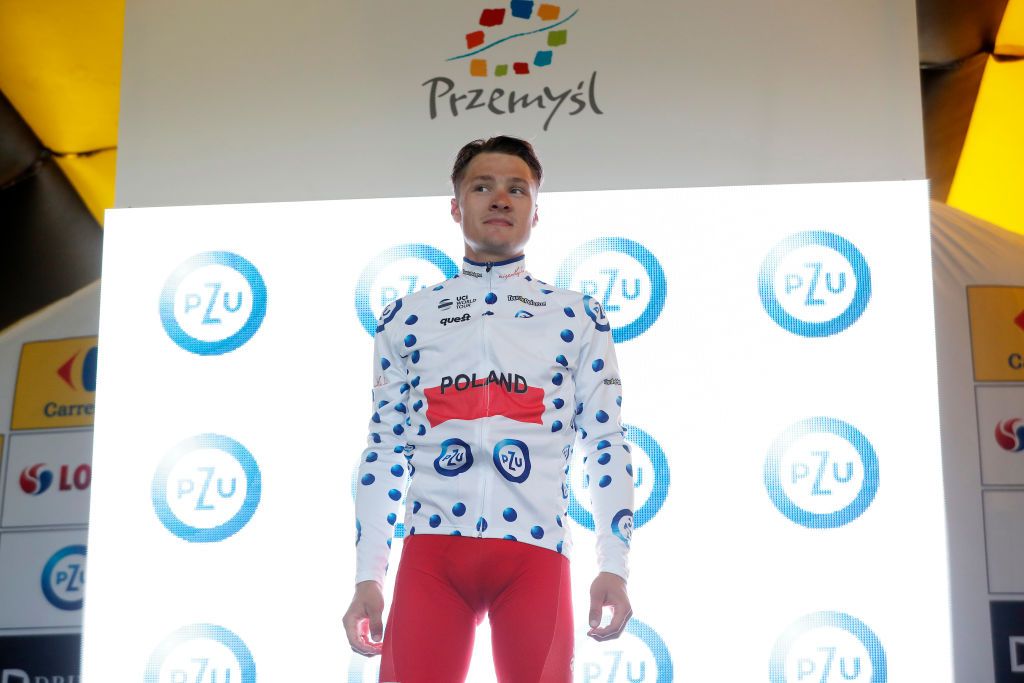 PRZEMYSL POLAND AUGUST 10 Michal Paluta of Poland and Team Poland Reprezentacja Polski Polka Dot Mountain Jersey celebrates at Podium during the 78th Tour de Pologne 2021 Stage 2 a 201km stage from Zamo to Przemyl 341m TourdePologne TDP2021 UCIWT on August 10 2021 in Przemysl Poland Photo by Bas CzerwinskiGetty Images