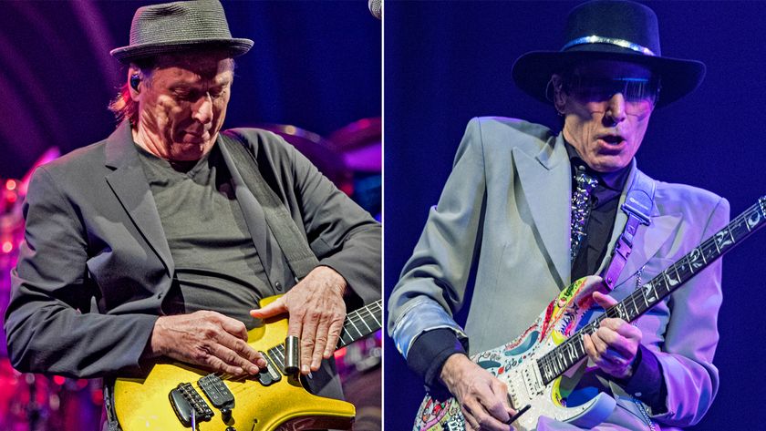 LEFT: Adrian Belew of BEAT performs on stage at Humphreys Concerts By the Bay on November 09, 2024 in San Diego, California. RIGHT: Steve Vai of BEAT performs on stage at Humphreys Concerts By the Bay on November 09, 2024 in San Diego, California. 