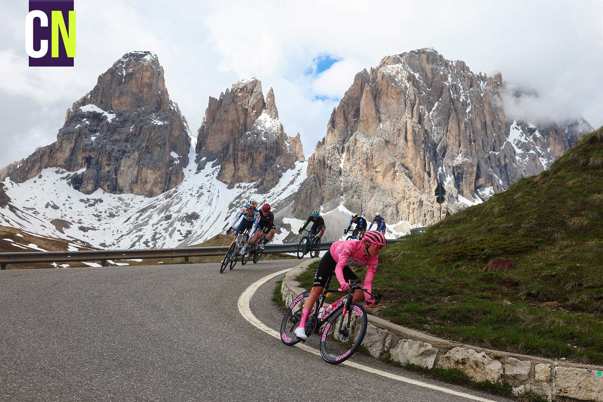 TOPSHOT  Team UAEs Slovenian rider Tadej Pogacar R competes in Passo Sella during the 17th stage of the 107th Giro dItalia cycling race 159km between Selva di Val Gardena and Passo del Brocon on May 22 2024 Photo by Luca Bettini  AFP Photo by LUCA BETTINIAFP via Getty Images