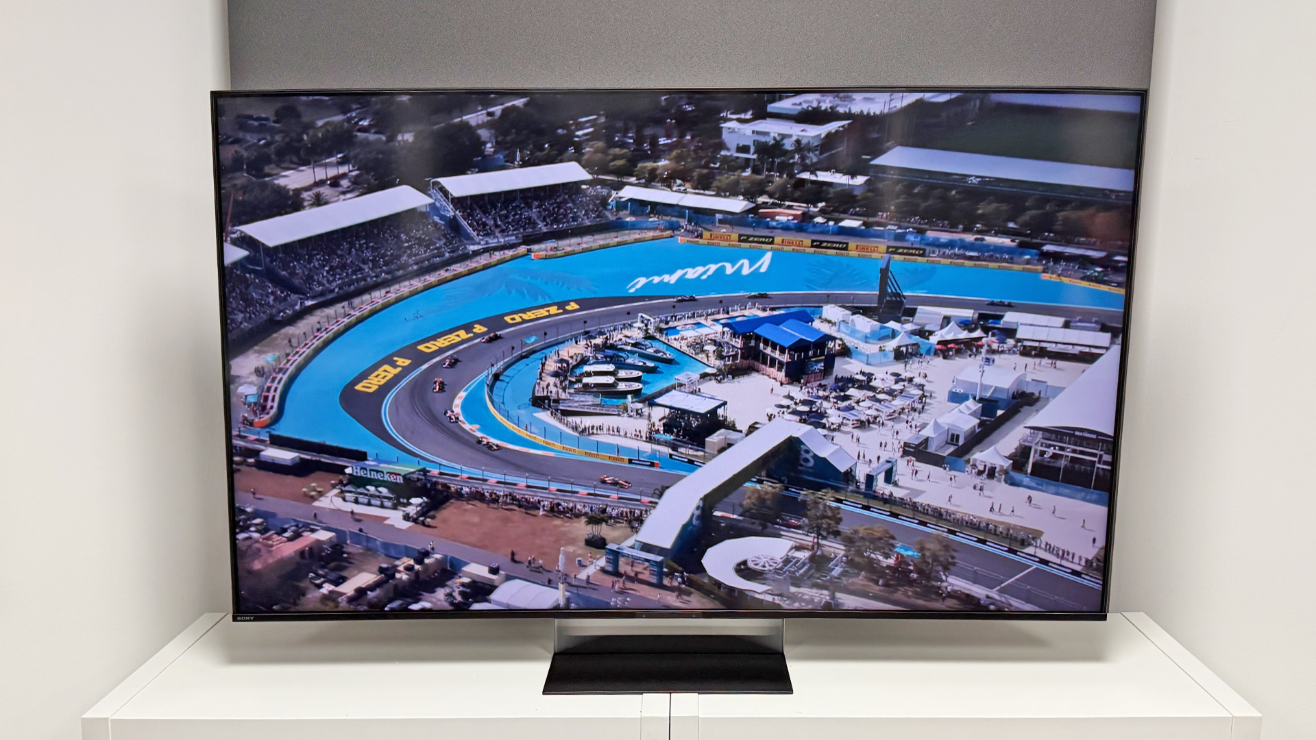 Sony Bravia 7 II RGB Mini LED TV, on screen is aerial shot of race track