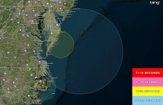 Three suborbital rockets are scheduled to launch from the Wallops Flight Facility in the early morning hours of Tuesday, Feb. 24. The rockets may be visible from parts of the east coast. This map shows the visibility regions based on time after launch.