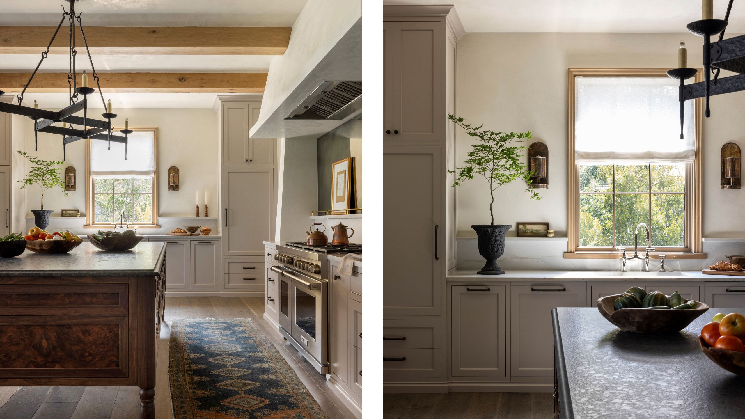 two side by side images of a taupe kitchen with wooden beams, large antique farmhouse table style island, vintage rug and large range cook and hood with mirror backsplash