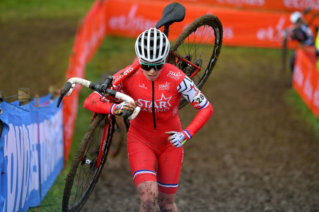 OVERIJSE BELGIUM JANUARY 24 Marion Norbert Riberolle of France and Starcasino CX Team during the 61st Druivencross World Cup 2021 Womens Elite UCICX CXWorldCup Ostend2021 on January 24 2021 in Overijse Belgium Photo by Luc ClaessenGetty Images