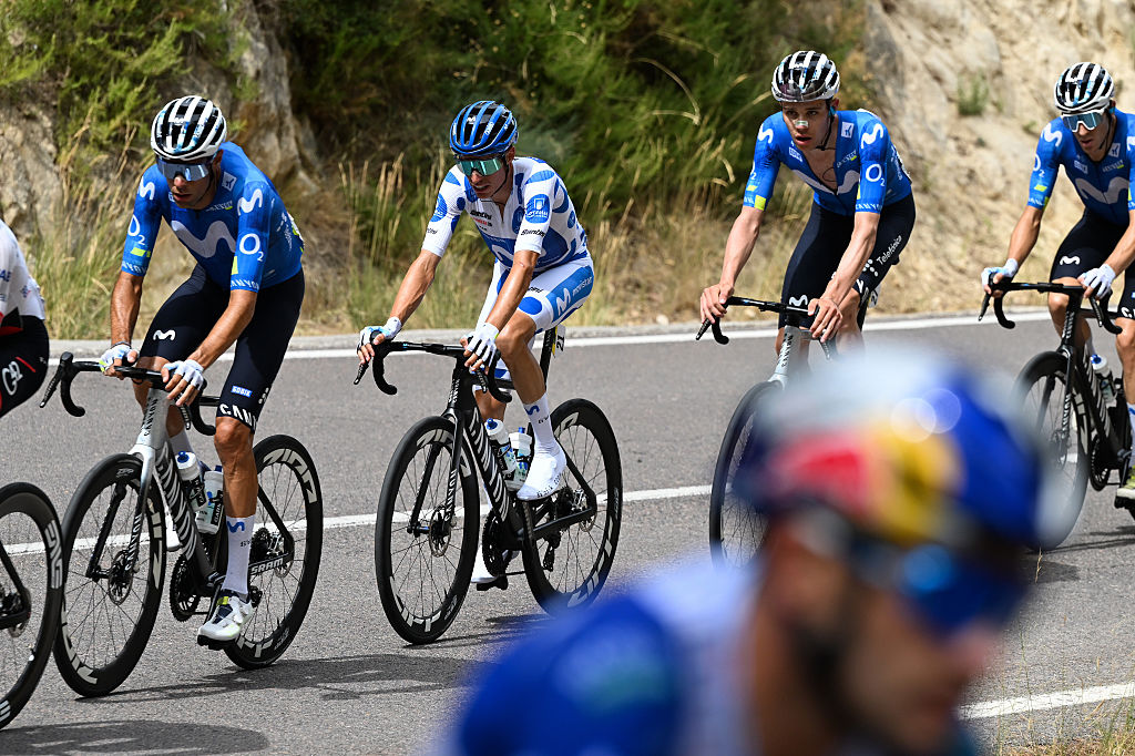 ARAMON VALDELINARES, SPAIN - AUGUST 29: Enric Mas of Spain and Movistar Team - Polka Dot Mountain Jersey (C) competes during the La Vuelta - 81st Tour of Spain 2026, Stage 7 a 149.48m stage from Vall d&amp;amp;apos;Alba to Aramon Valdelinares 1965m / #UCIWT / on August 29, 2026 in Aramon Valdelinares, Spain. (Photo by Tim de Waele/Getty Images)