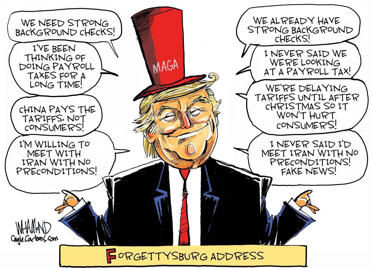 Political Cartoon U.S. Trump Gettysburg Address Lincoln promises