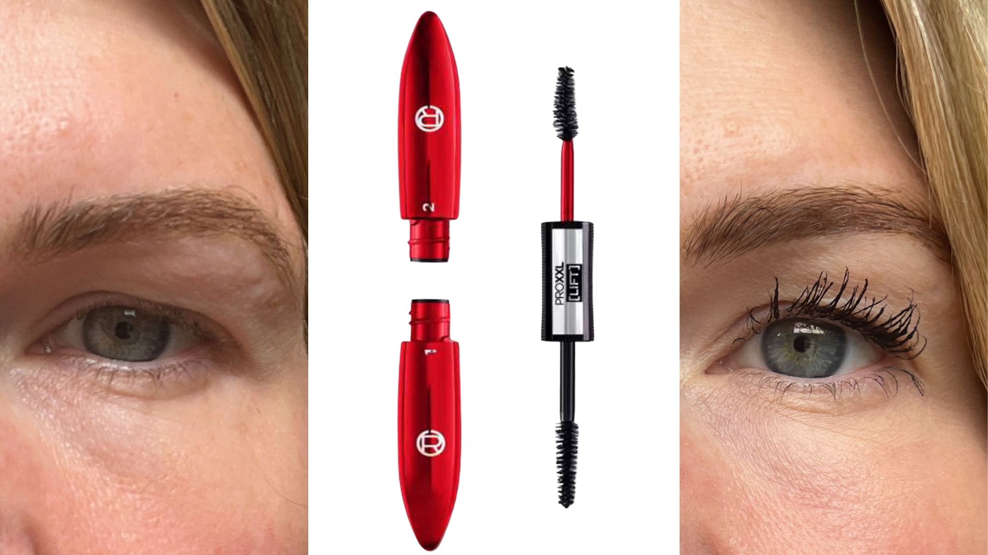 Before applying the mascara on the left, the L&#039;Oreal XXL Lift Mascara in the middle and after applying the mascara on the right