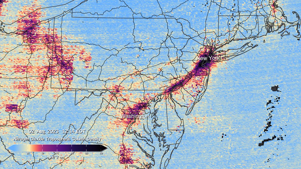 Concentrations of nitrogen oxide in New York as measured by NASA's new air pollution sensor TEMPO.