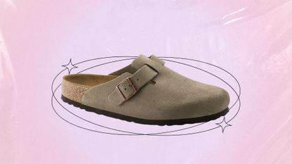 The Birkenstock Bostons pictured on a pink and purple gradient template, with a black line circle around it with stars for a piece on Birkenstock clog dupes