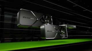 A trio of Nvidia RTX 40-series Super GPU against a green and black background