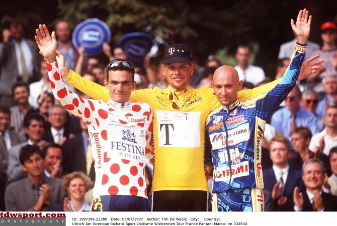 The final GC podium at the 1997 Tour de France (L-R): mountains winner Richard Virenque, 2nd; Jan Ullrich, 1st; Marco Pantani 3rd