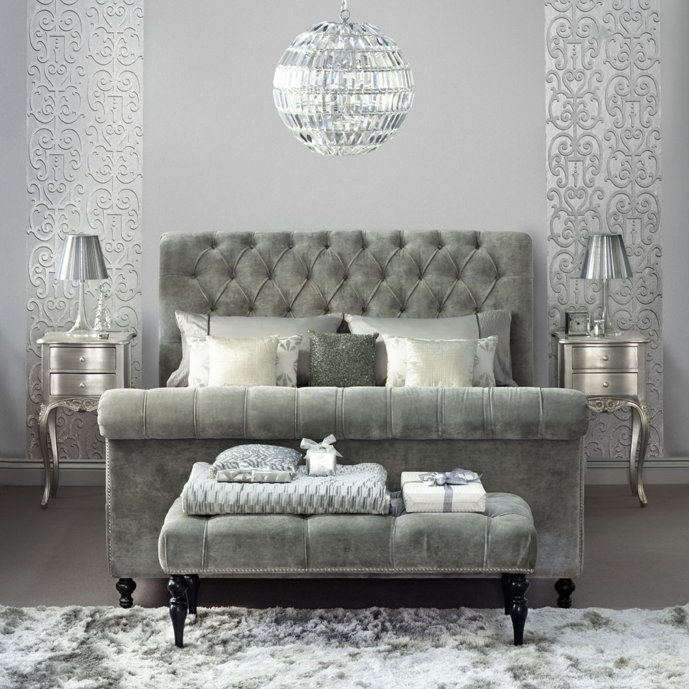 grey bedroom with velvet bed