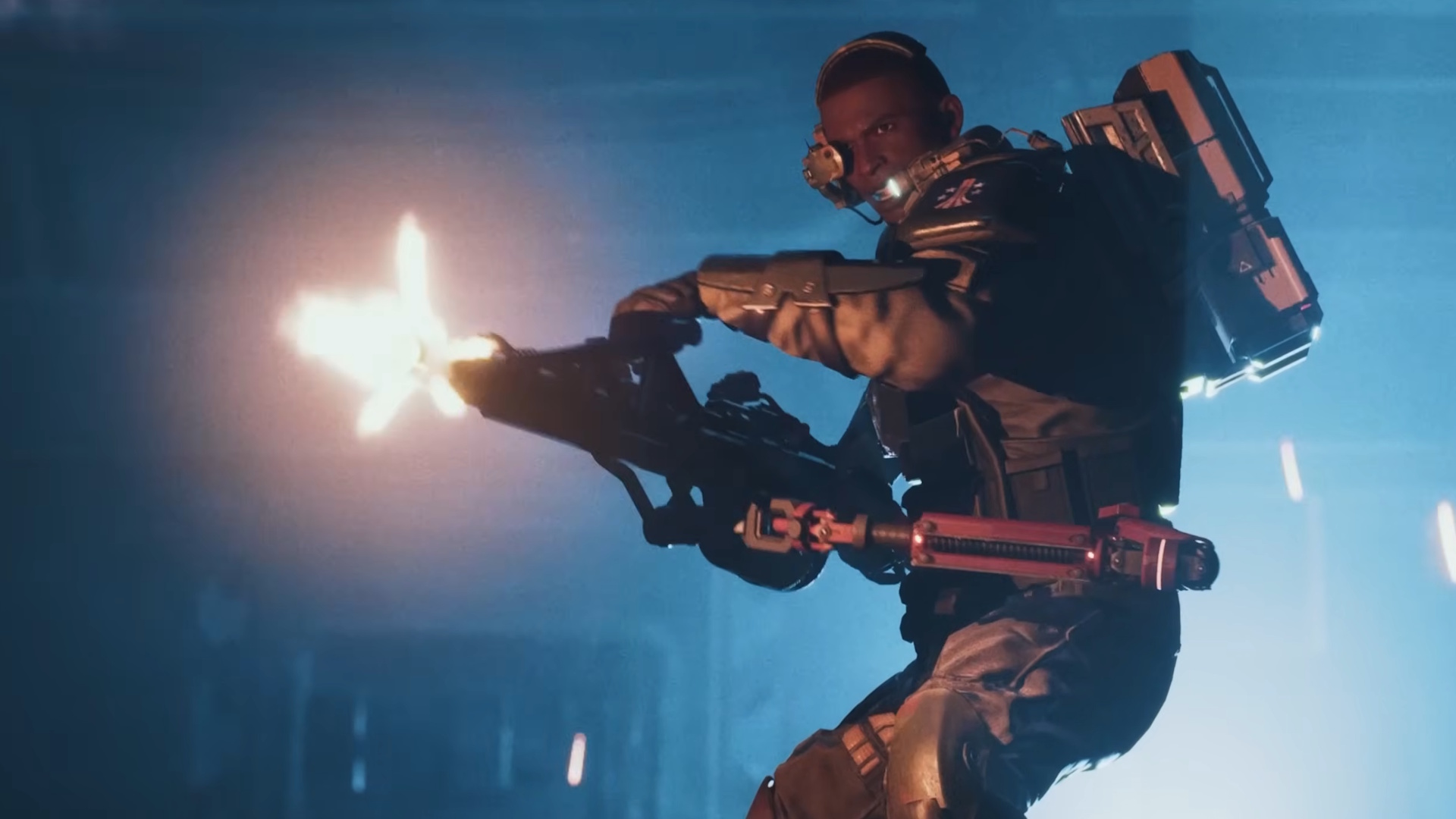 Aliens: Fireteam Elite 2 trailer still - Colonial Marine firing a smartgun