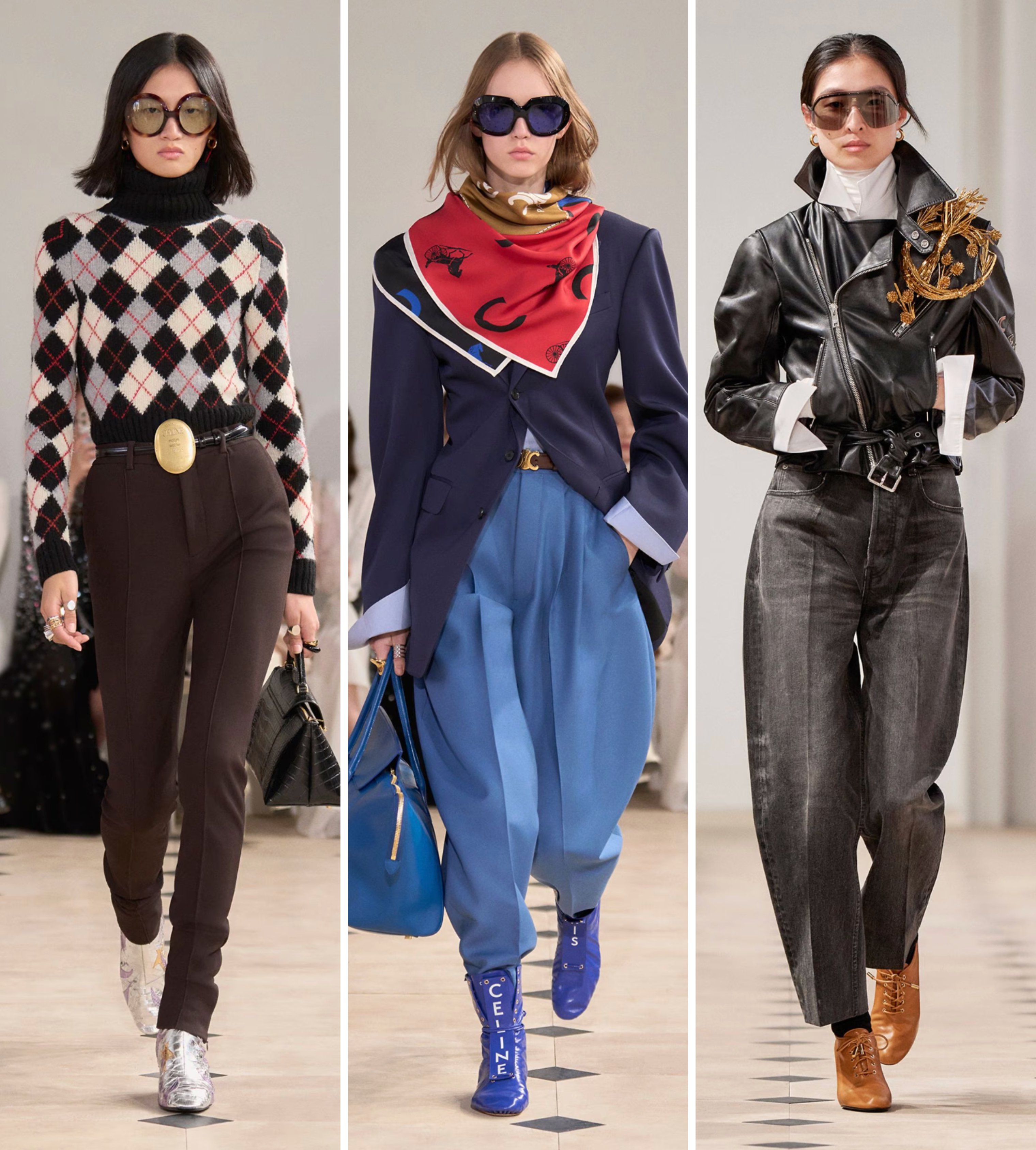 trio of models walking Celine ss26 runway