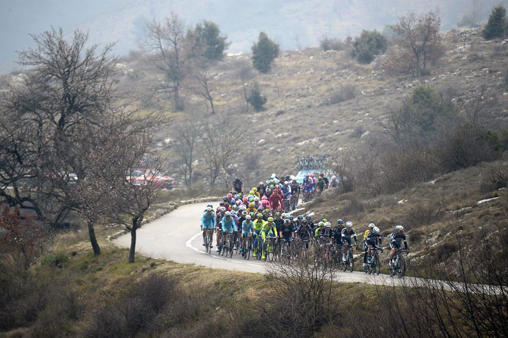 The pack rides during the sixth stage of the 73rd edition of the Paris-Nice cycling race, between Vence and Nice, southeastern France.