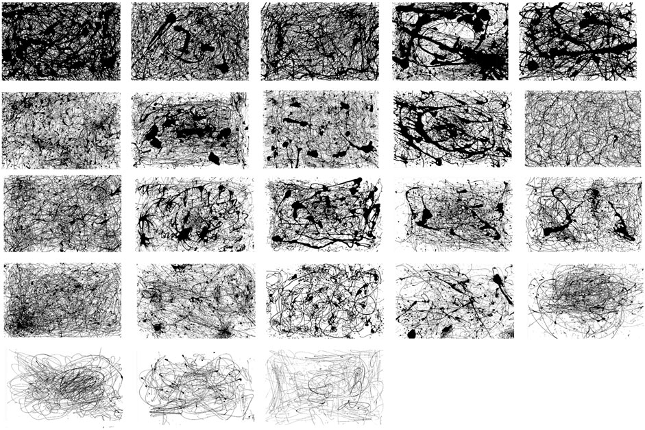 This image displays a grid of twenty-three black-and-white abstract drip or splatter paint artworks, with a dense, chaotic pattern of lines, splatters, and dots, stylistically reminiscent of the Abstract Expressionism movement, particularly the work of Jackson Pollock.