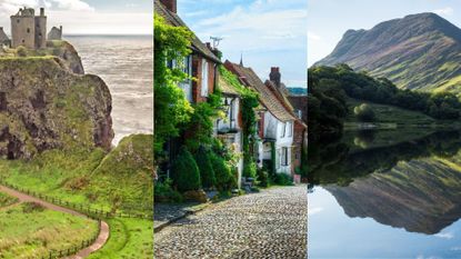 A composite image of three of the best UK staycations for 2022: a castle near aberdeen, street in rye and lake in the lake district