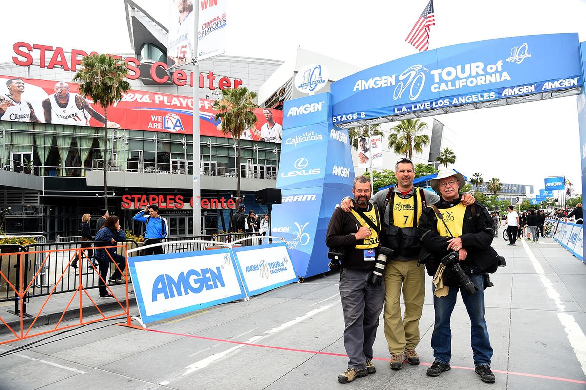 Doug Pensinger (L) Jonathan Devich (C) and Casey Gibson (R) celebrate 10 years of covering the Tour of California