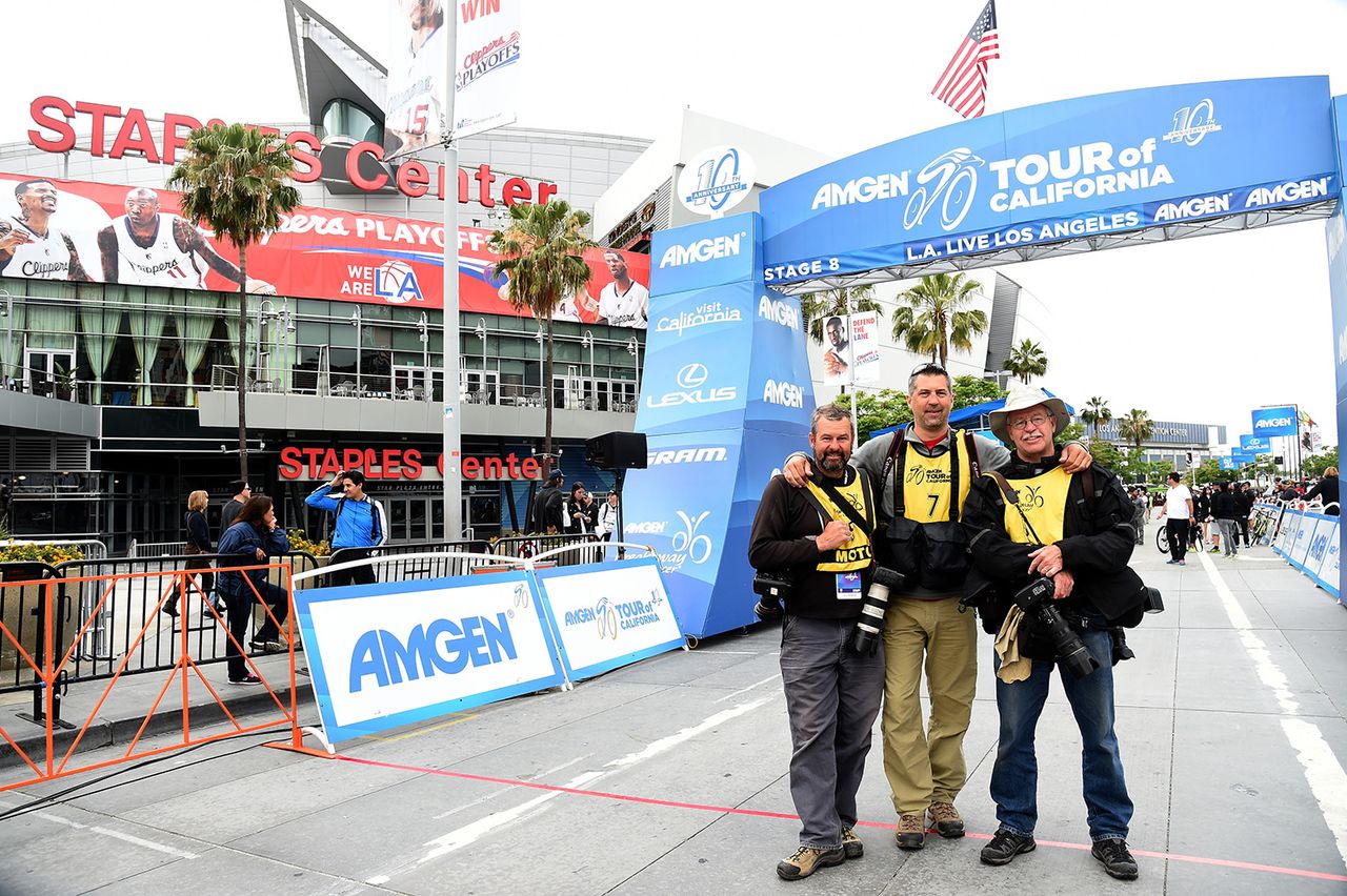 Doug Pensinger (L) Jonathan Devich (C) and Casey Gibson (R) celebrate 10 years of covering the Tour of California