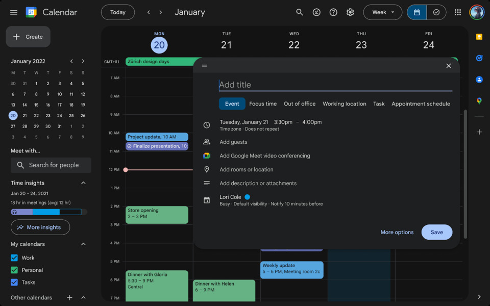 Google Calendar dark mode