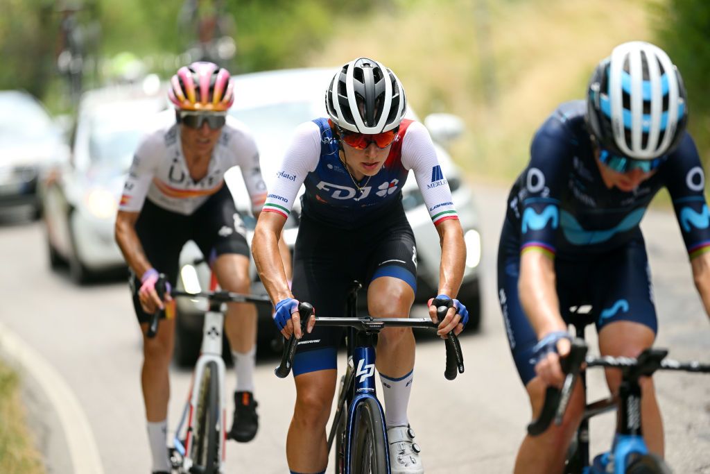 CESENA ITALY JULY 04 Marta Cavalli of Italy and Team FDJ Nouvelle Aquitaine Futuroscope competes in the breakaway during the 33rd Giro dItalia Donne 2022 Stage 4 a 1209km stage from Cesena Torinese to Cesena Torinese GiroDonne UCIWWT on July 04 2022 in Cesena Italy Photo by Dario BelingheriGetty Images