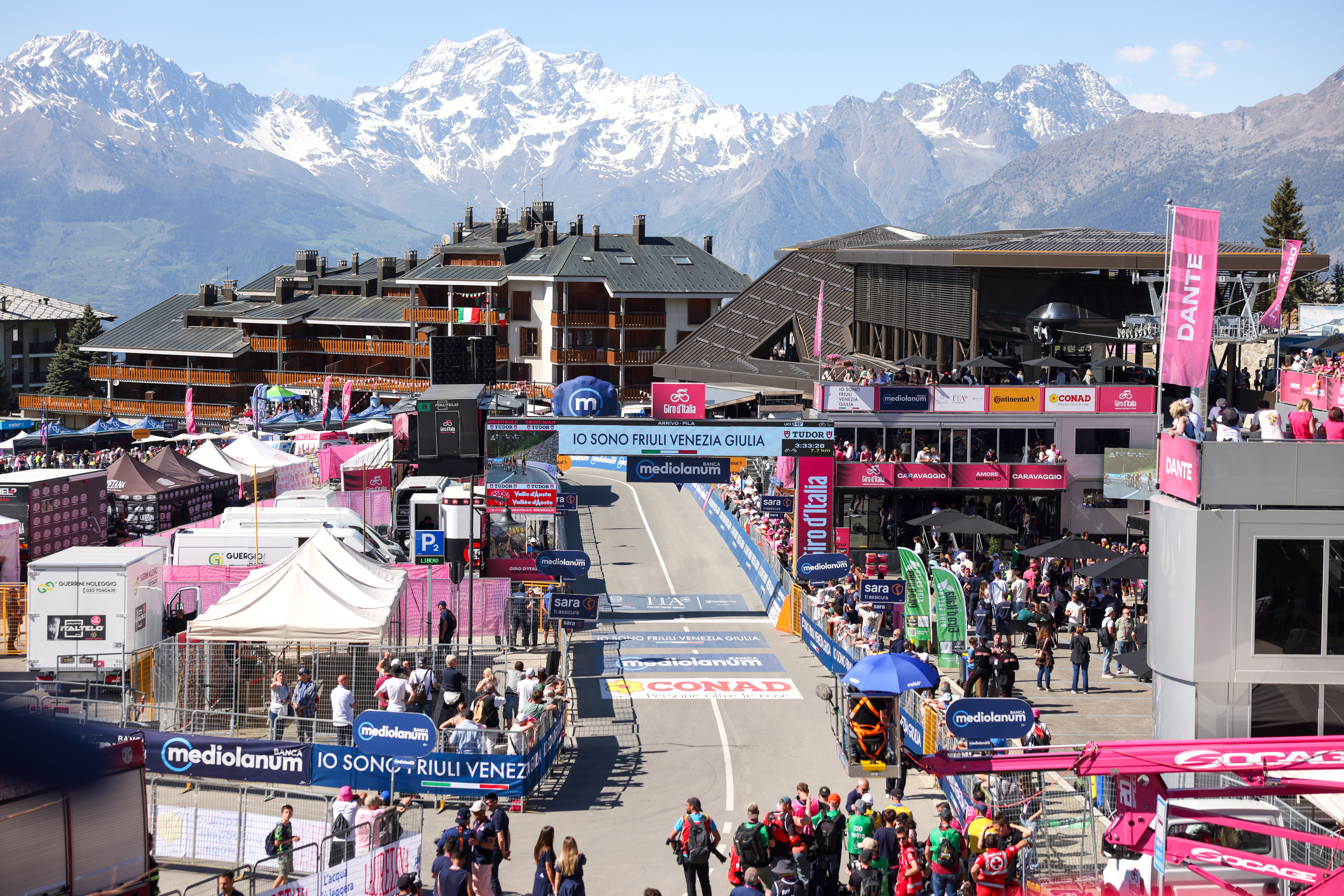 PILA-GRESSAN, ITALY - MAY 23: General view of the finish line area during the 109th Giro d&amp;amp;apos;Italia 2026, Stage 14 a 133km stage from Aosta to Pila - Gressan on May 23, 2026 in Pila-Gressan, Italy. (Photo by Sara Cavallini/Getty Images)