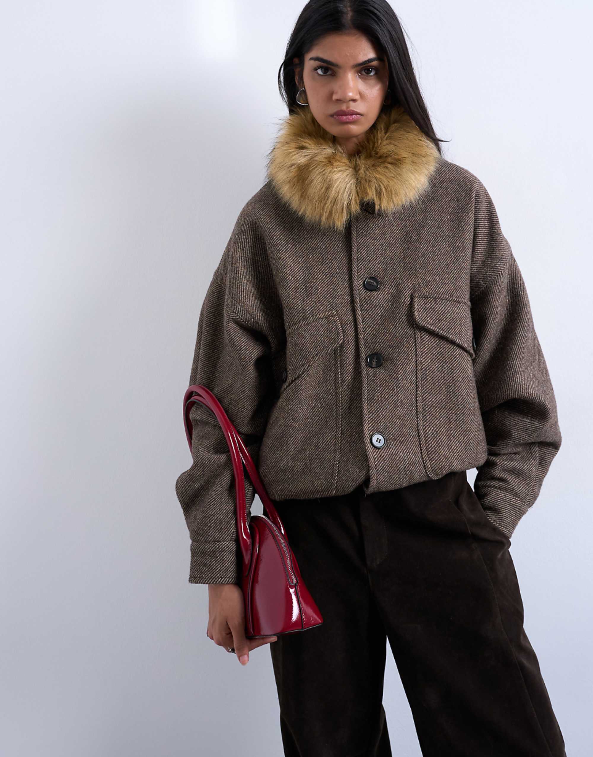 Topshop Twill Bomber With Faux Fur Collar With Wool in Brown