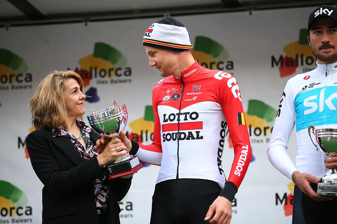 Tim Wellens gets his prize as the winner of the race