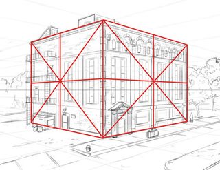 Measure the halfway point of any rectangle in perspective by drawing diagonals from each of its corners and marking where they intersect