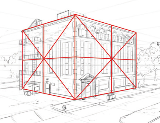 Measure the halfway point of any rectangle in perspective by drawing diagonals from each of its corners and marking where they intersect