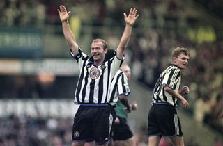 Alan Shearer celebrates after scoring five goals for Newcastle in an 8-0 win over Sheffield Wednesday in September 1999.