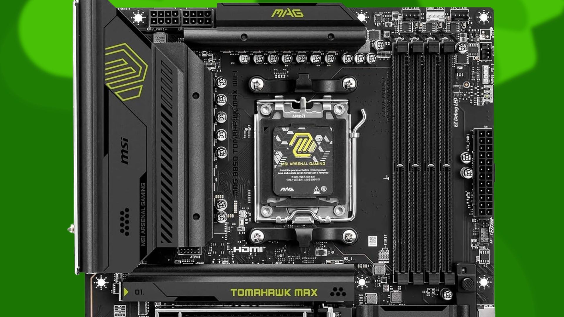 A close up of the MSI - MAG B850 TOMAHAWK MAX motherboard