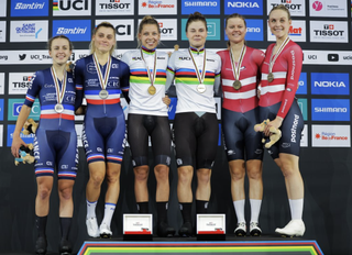 Women's podium for Madison at 2022 UCI Track World Championships