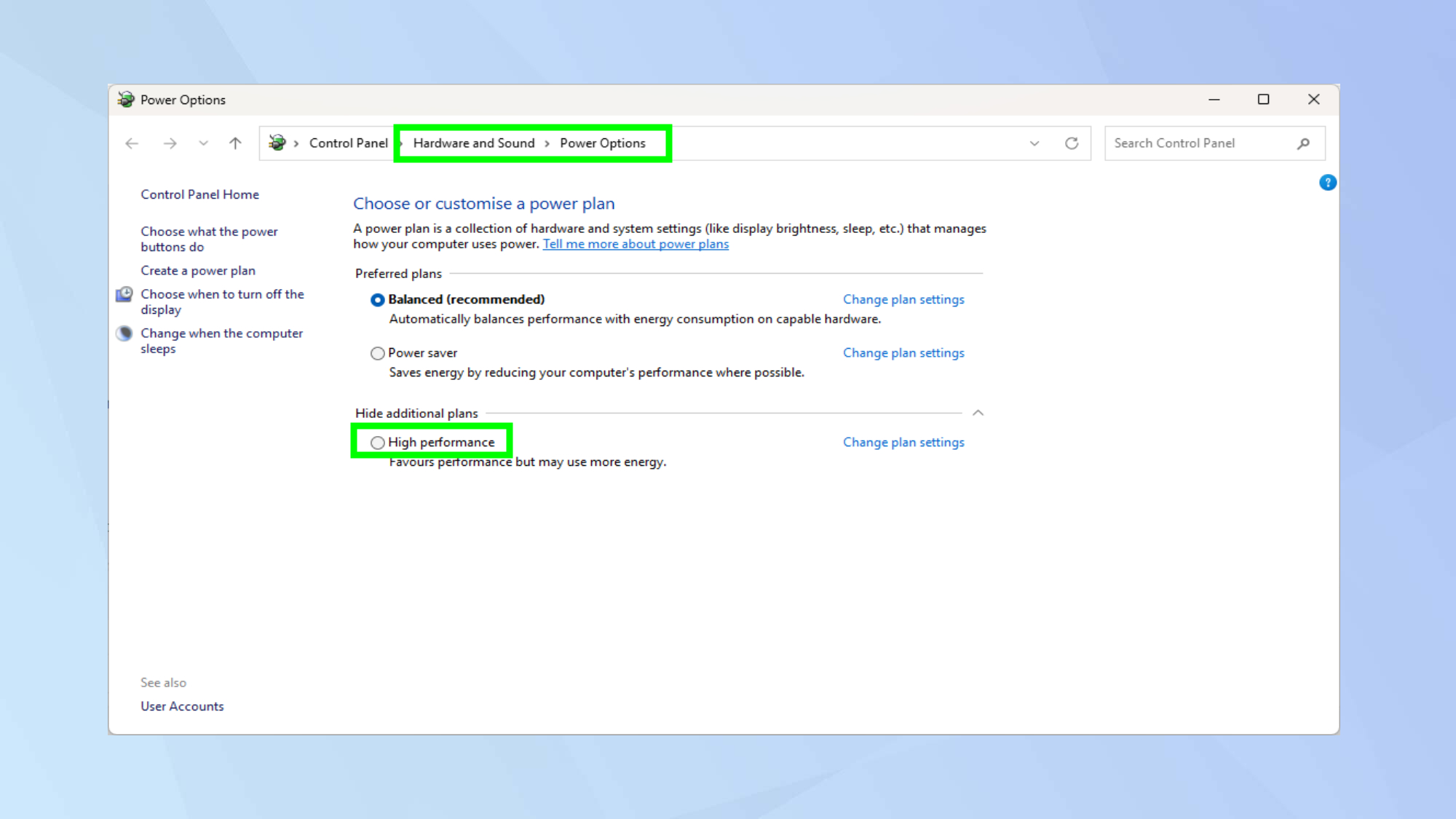 Select High Performance in power options Windows 11