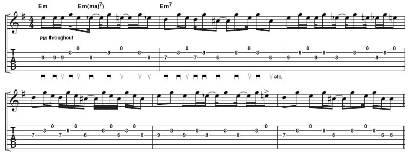 Example 2 - rhythm variation: There&acute;s a lot of variety here, so you may want to start with each two bar phrase. Once you have learned these, it&acute;s a question of coming up with your own ideas. Notice how the first of each E, Eb, D and C# all occur at the same time in each bar. This should provide you with a basic rhythm over which you can improvise.