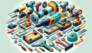 A cartoon-style image showcasing a variety of power tools such as drills, saws, sanders, and wrenches.