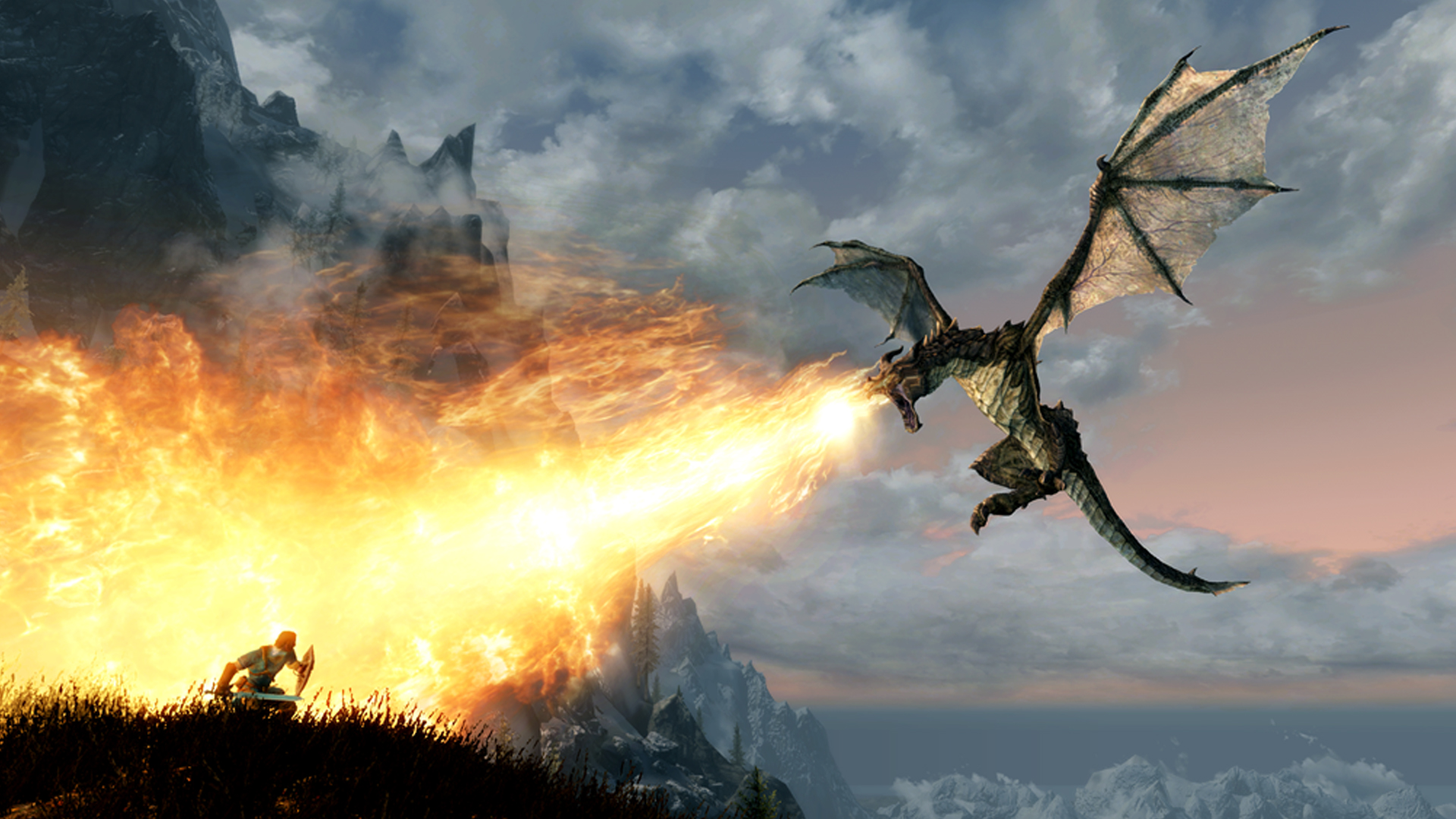 A dragon blasts a man with a shield in Skyrim