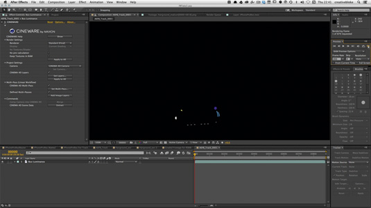 Cineware can be used to preview your render passes. Here you can see the luminous pass, which you can blur and use colour correction tools on in After Effects