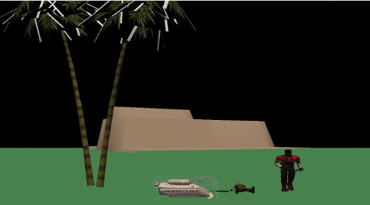 An animated model in the middle of its animation cycle. Another model is resting in its ‘dead’ pose