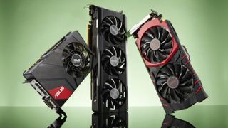 Graphics cards from AMD vs Nvidia graphics cards face off against a green background