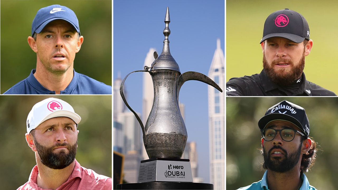 Rory McIlroy (top left), Jon Rahm (bottom left), Tyrrell Hatton (top right), and Akshay Bhatia (bottom right with the Dubai Desert Classic trophy in the middle