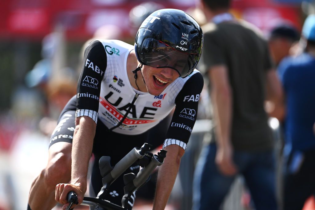ABTWILL SWITZERLAND JUNE 18 Juan Ayuso of Spain and UAE Team Emirates crosses the finish line during the 86th Tour de Suisse 2023 Stage 8 a 257km individual time trial from St Gallen to Abtwil UCIWT on June 18 2023 in Abtwil Switzerland Photo by Tim de WaeleGetty Images