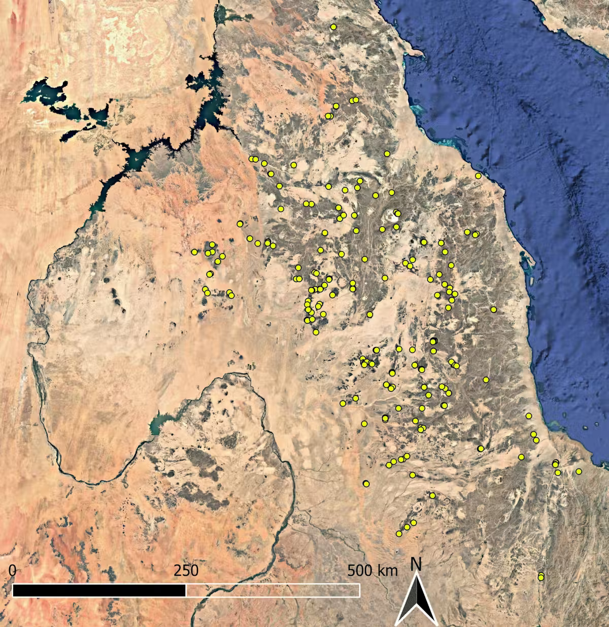 A satellite map of the Sahara desert, showing brown areas.
