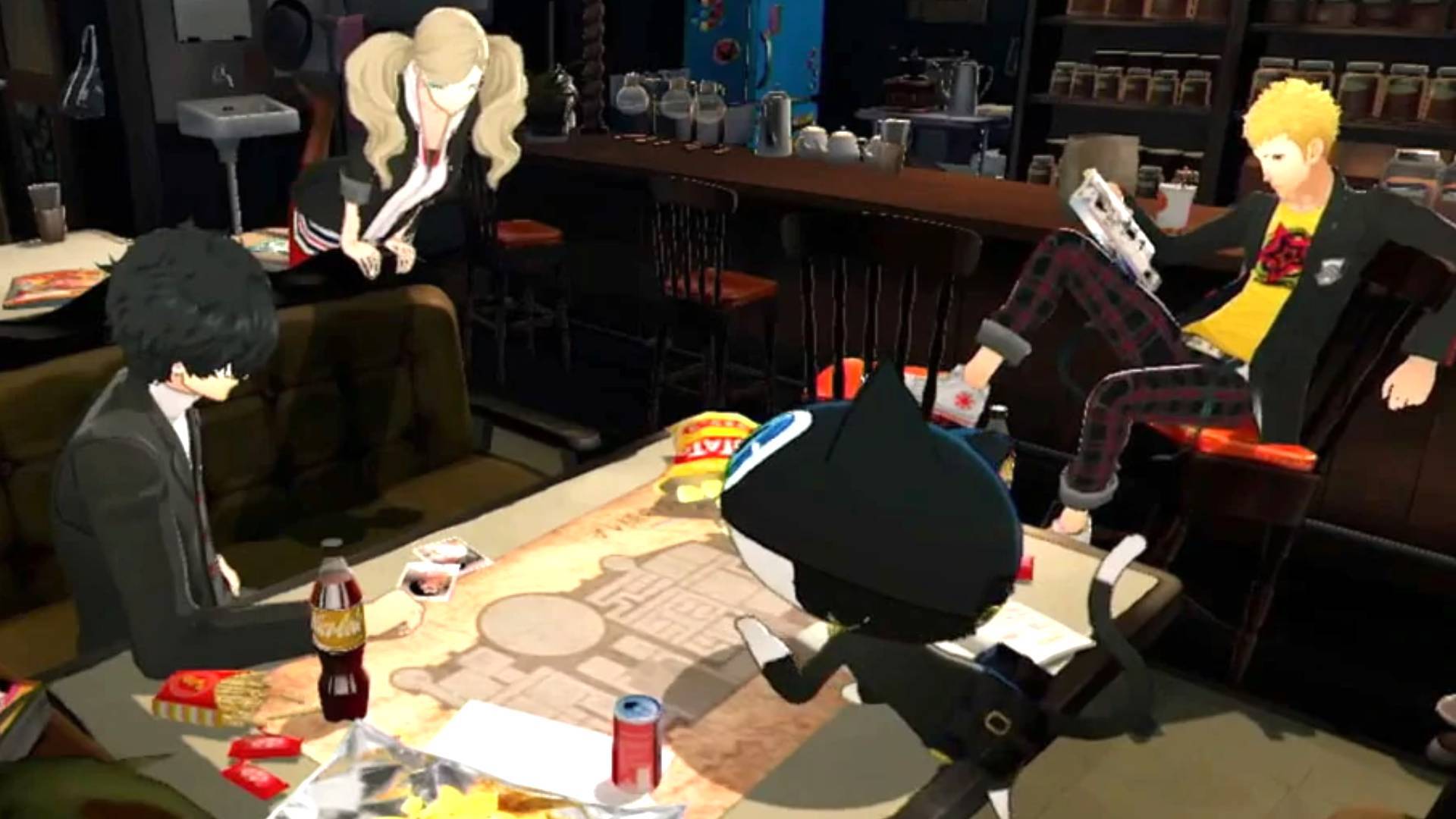 Los Phantom Thieves relajándose en el Café Leblanc