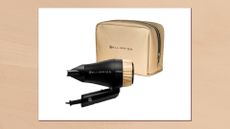 Image of the Bellissima Italia B-Travel Hair Dryer and its accompanying travel case in a frame against a beige watercolour-style background