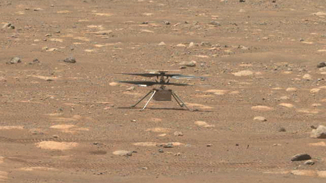 NASA's Ingenuity Mars helicopter does a slow spin test of its blades on April 8, 2021, the 48th Martian day, or sol, of the mission. This image was captured by the Mastcam-Z on NASA&rsquo;s Perseverance Mars rover.